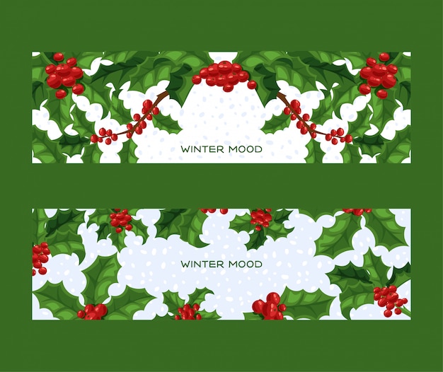 Holly berries Christmas traditional decoration frame on Xmas winter holiday