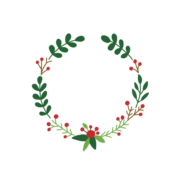 Vector holly christmas wreath hand drawn illustration , red and green flower decoration circle frame for text