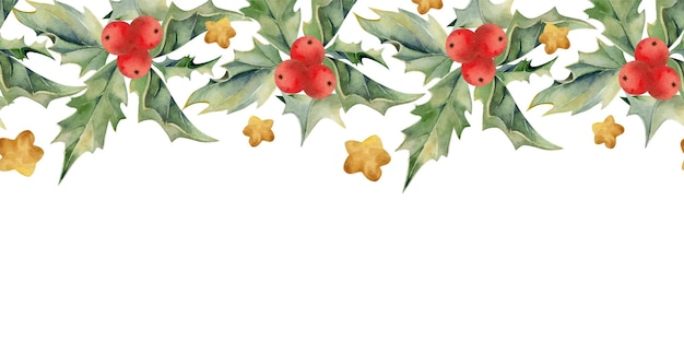 Vector holly green leaves with red berries gold star baubles watercolor hand drawn illustration seamless