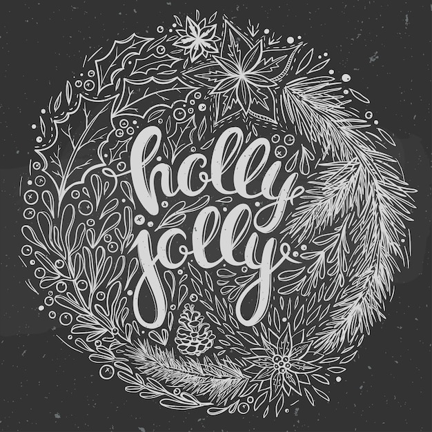 Holly jolly floral lettering on a chalkboard