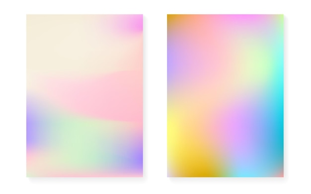 Hologram gradient background set with holographic cover. 90s, 80s retro style. Pearlescent graphic template for placard, presentation, banner, brochure. Rainbow minimal hologram gradient.