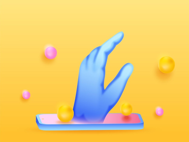 Hologram Human Hand Coming Out of Smartphone Screen And Spheres or Balls On Chrome Yellow Background