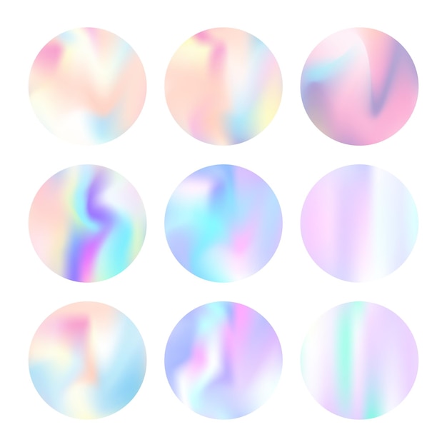 Holographic abstract backgrounds set. Minimal holographic backdrop with gradient mesh. 90s, 80s retro style. Iridescent graphic template for banner, flyer, cover, mobile interface, web app.