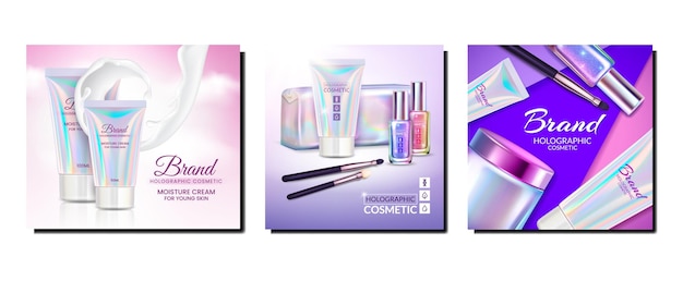 Vector holographic cosmetics poster set