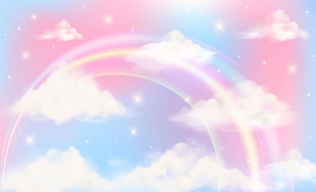 Holographic fantasy rainbow unicorn background with clouds. Pastel color sky. Magical landscape, abstract fabulous pattern. Cute candy wallpaper. Vector.