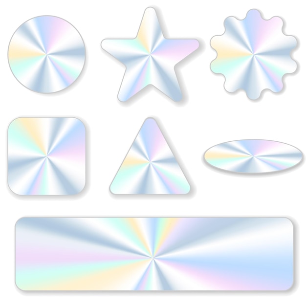 Holographic stickers, labels of different shapes. Shiny emblems label Paper Stickers.