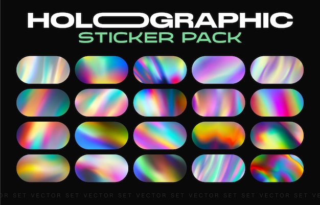 Holographic stickers pack mockup Hologram labels of different shapes Sticker shapes for design mockups Holographic textured stickers for preview tags labels Vector illustration