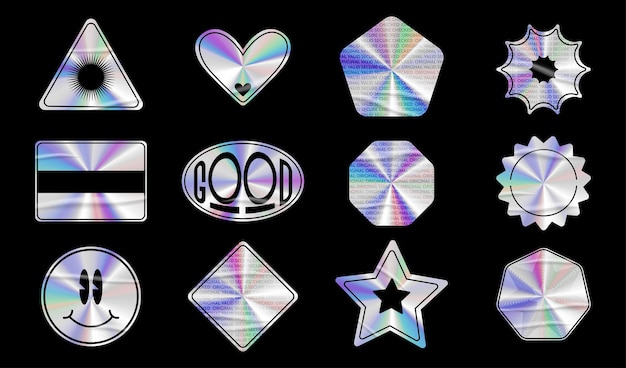 Holographic stickers with wrinkles set Geometric shapes label with rainbow hologram