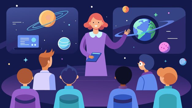 Vector a holographic teacher appears in the center of the room delivering a lesson on space exploration and