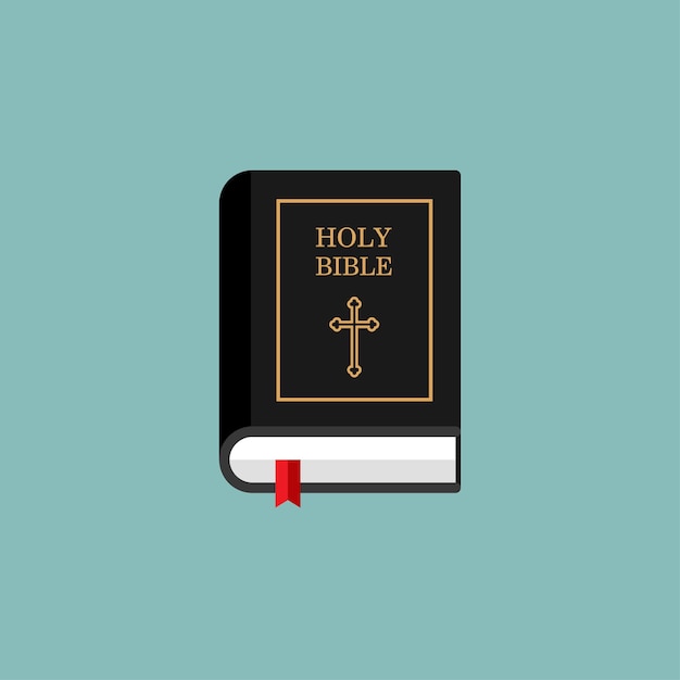 Holy Bible in a black hard cover. Book icon with bookmark. Religion book template isolated. Vector.