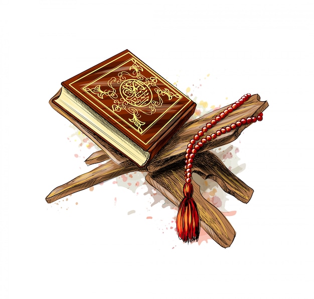 Holy book of Koran with rosary from splash of watercolors. Muslim holiday, Eid Mubarak, Eid al-fitr, Ramadan Kareem. Hand drawn sketch. Vector illustration of paints