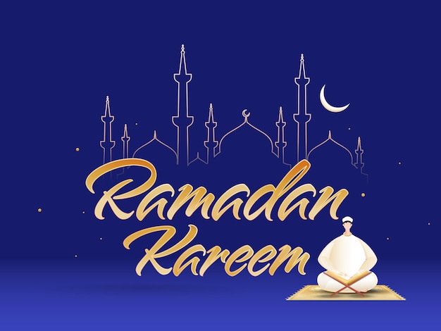 Holy Month of Islamic Festival Ramadan Kareem Poster Design with Cartoon Muslim Man Reading Quran and Mosque on Blue Background