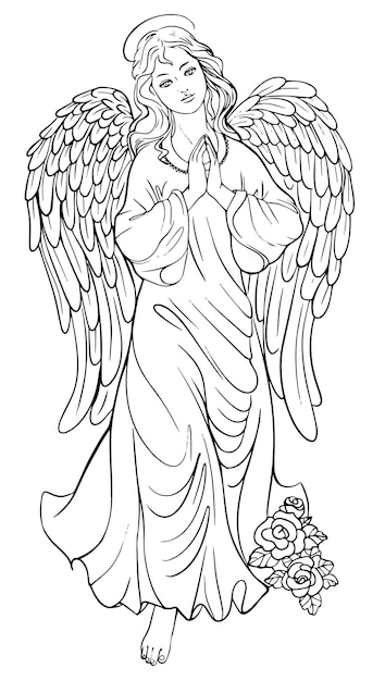 Holy virgin with angel wings adults coloring book hand vector