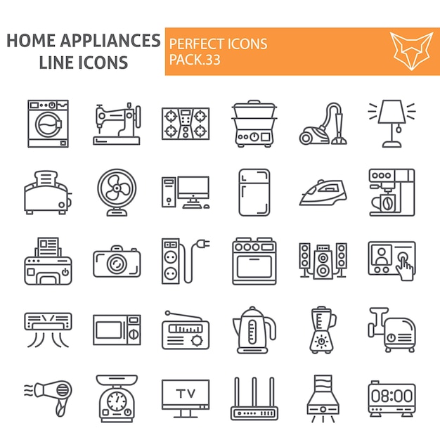 Home appliances line icon set, household collection