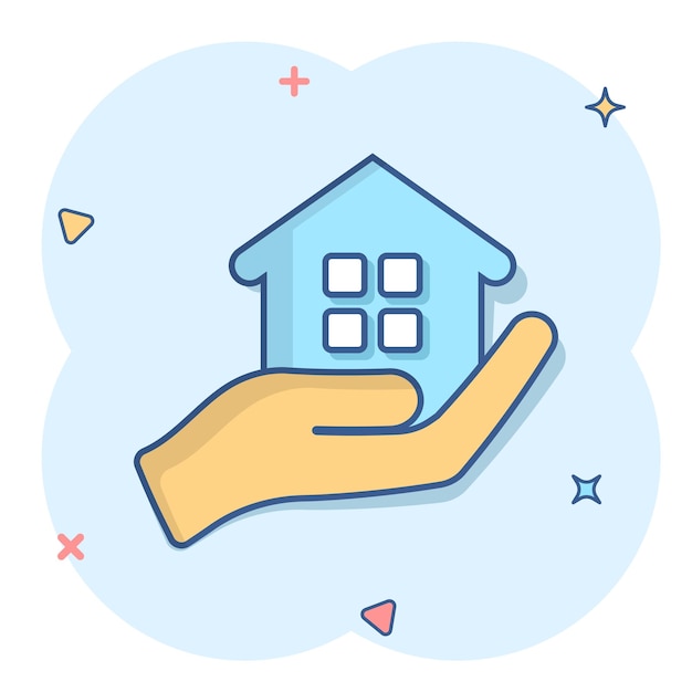 Home care icon in comic style Hand hold house vector cartoon illustration on white isolated background Building quality business concept splash effect