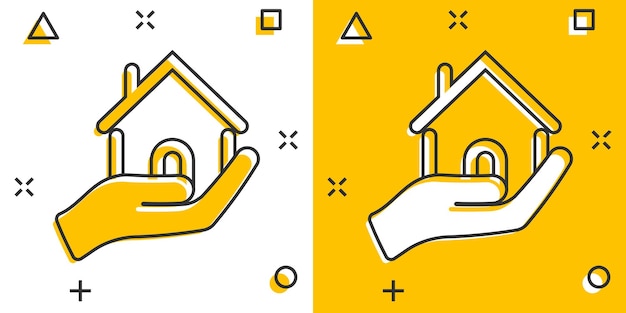 Home care icon in comic style Hand hold house vector cartoon illustration on white isolated background Building quality business concept splash effect