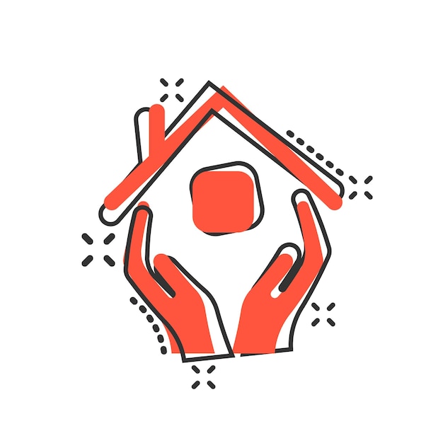 Home care icon in comic style Hand hold house vector cartoon illustration on white isolated background Building quality business concept splash effect