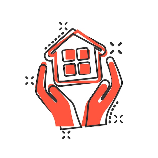 Home care icon in comic style Hand hold house vector cartoon illustration on white isolated background Building quality business concept splash effect