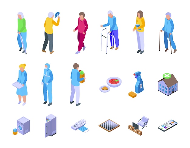 Home care services icons set isometric vector. Old care. Senior people