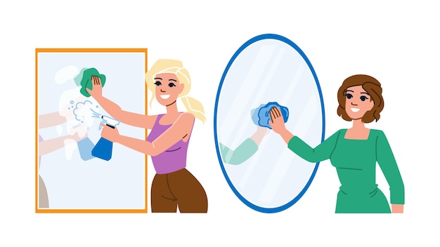 home cleaning mirror vector clean bathroom hygiene housekeeping housework cleaner home cleaning mirror character people flat cartoon illustration