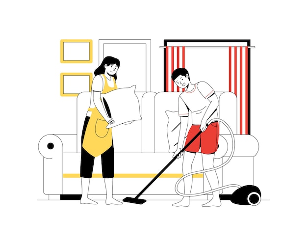 Vector home cleaning people do housework vector illustration