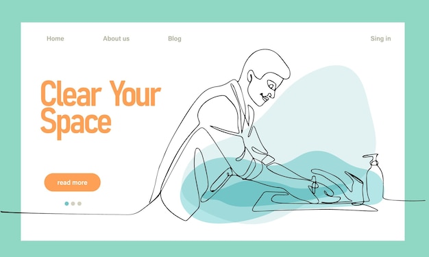 Home cleaning service landing page design concept, illustration of janitors with cleaning tools