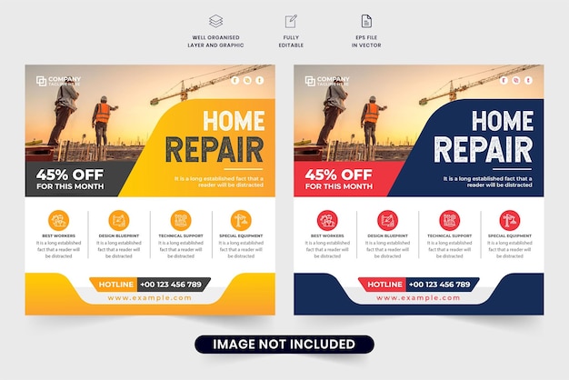 Home construction and repair service social media post vector with yellow and red colors Real estate maintenance poster design with photo placeholders Handyman construction business promotion