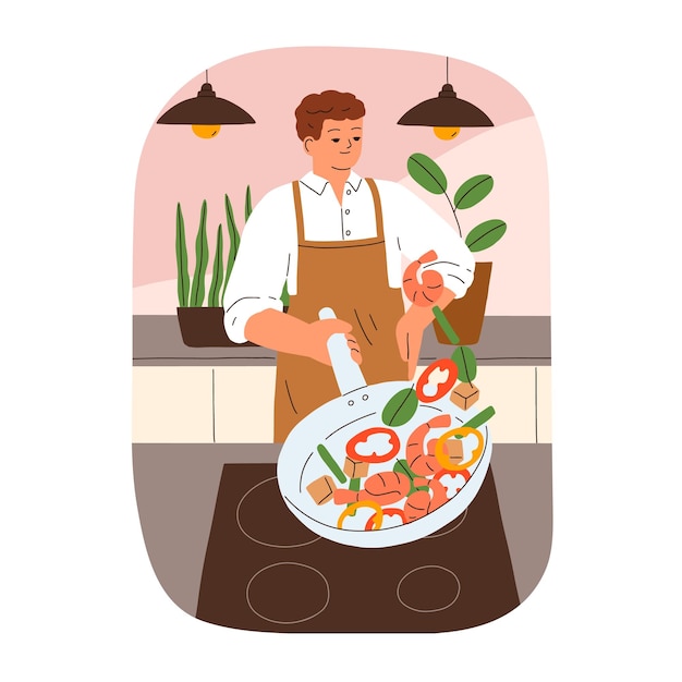 Home cooking process. Person frying shrimps and vegetables on pan on cooker. Young man in apron cooks, prepare homemade dinner dish at kitchen. Flat vector illustration isolated on white background