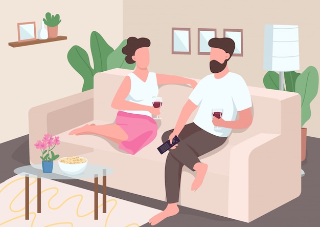 Home date flat color illustration. Boyfriend and girlfriend watch TV. Couple drink wine sitting on couch. Romantic partners 2D cartoon characters with interior on background