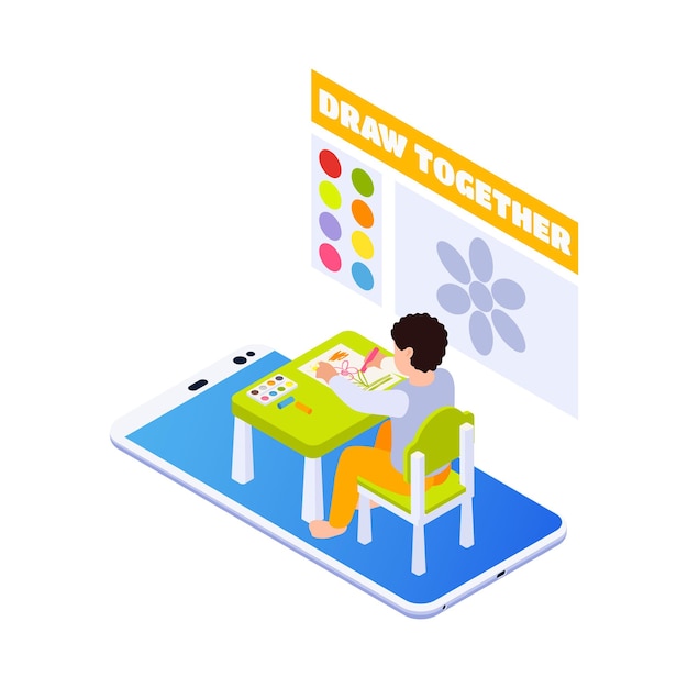 Home education isometric illustration with girl drawing on online art lesson 3d