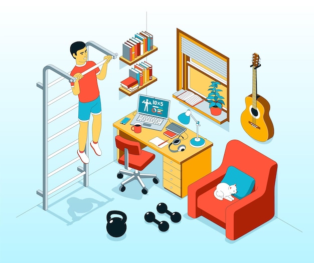 Home exercise pullup on bar isometric illustration