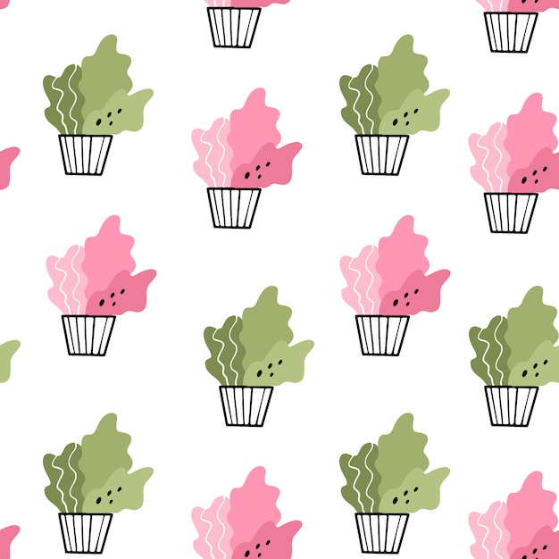 Home flowers in pots. Vector seamless pattern in Doodle style