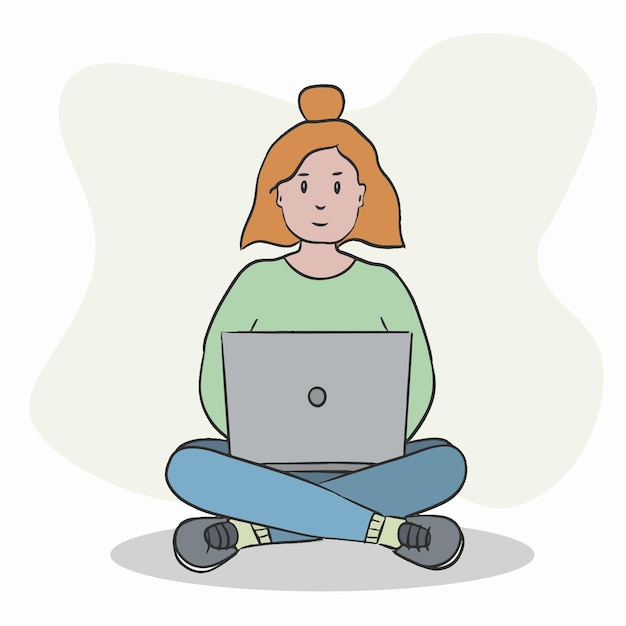 Home from work concept. Young woman working in home, sitting with laptop. Student or freelancer.