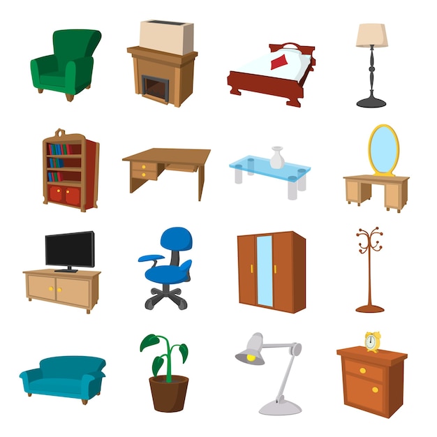 Home furniture icons set. Cartoon set of home furniture  icons for web 