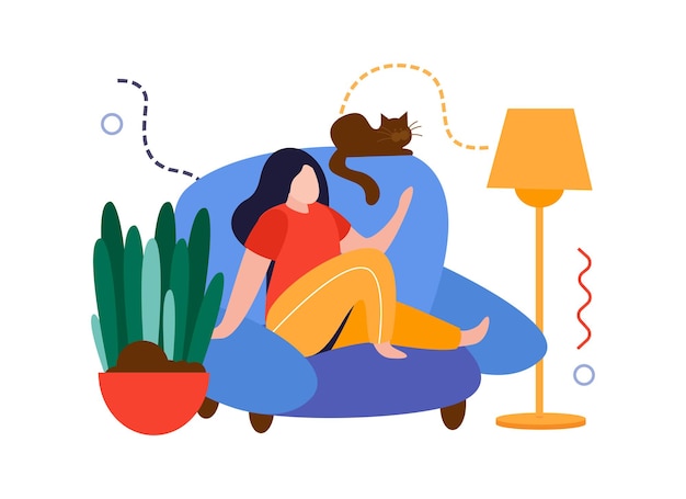 Vector home garden flat composition with girl sitting on sofa with cat and home plant vector illustration