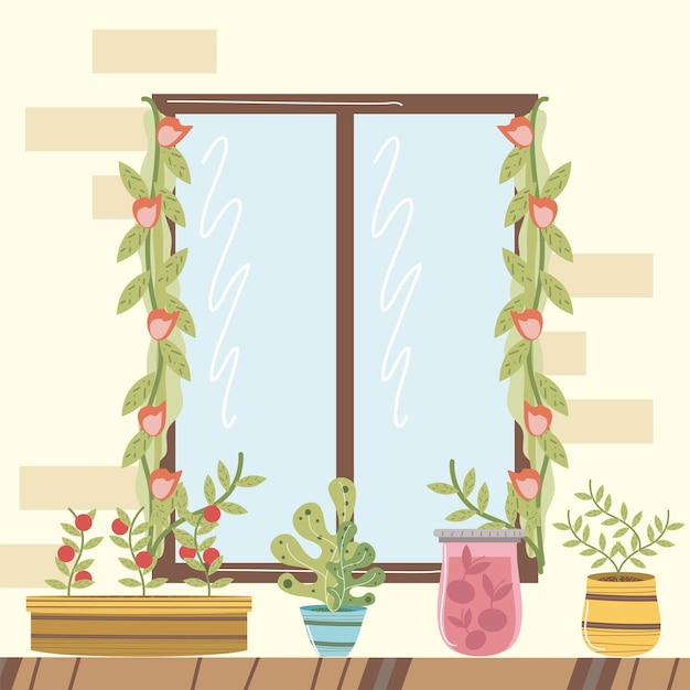 Home garden window with flowers and potted plants  illustration