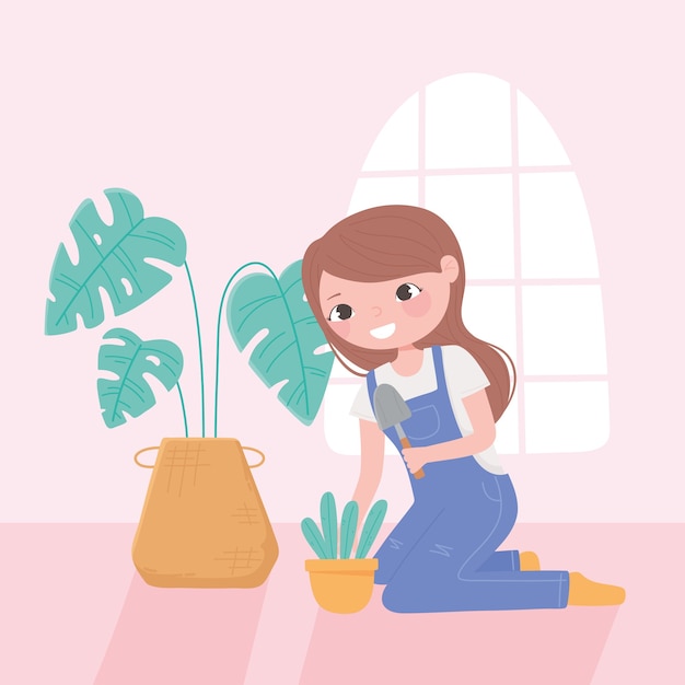 Home gardening girl with shovel and plants in the room  illustration