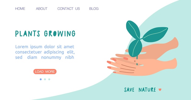 Home gardening landing or web page template with hands holding plant Plant care concept