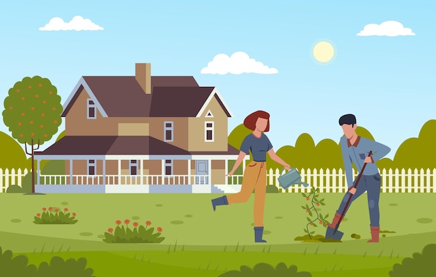 Vector home gardening. man digging with shovel and girl watering plant, planting tree, working together in garden the yard, male and female couple farming modern flat vector cartoon illustration