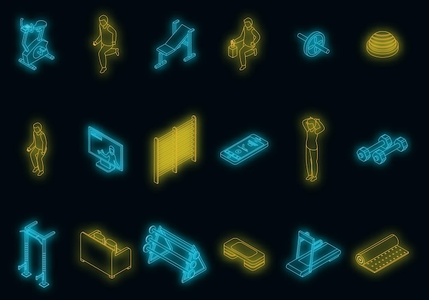 Home gym icons set vector neon