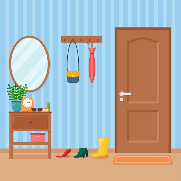 Home hallway interior with door vector illustration