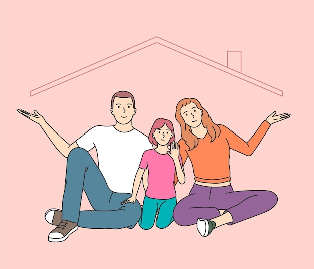 Home insurance metaphor, happy childhood memories. Parents and kid playing together, children enjoying common pastime, leisure activities with mom and dad