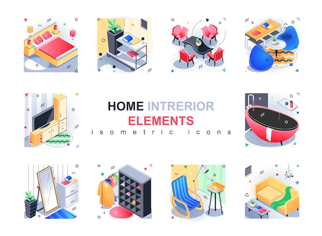 Home interior elements isometric icons set Furniture decor and furnishings for bedroom