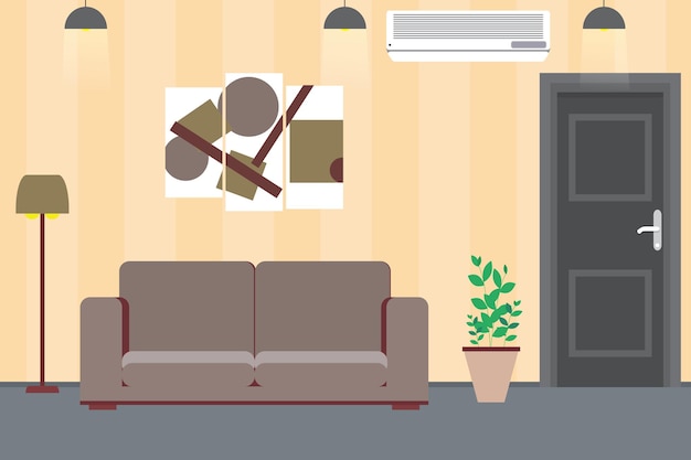 Home Interior flat design Sofa lamp and door cartoon vector illustration