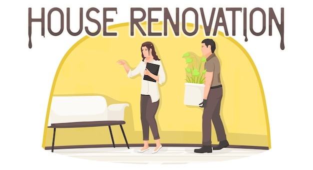 Home interior renovation furniture relocation plant moving woman show place of destination worker carries flower Shipping transportation service Vector illustration