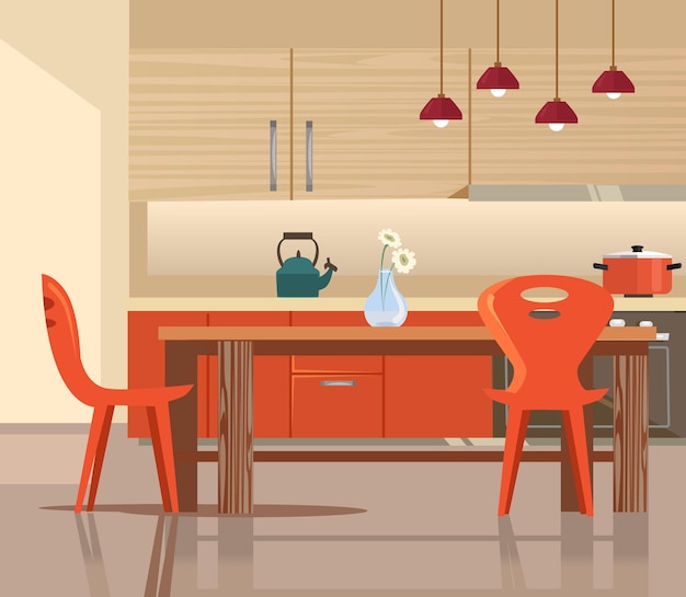 Vector home kitchen interior cartoon illustration