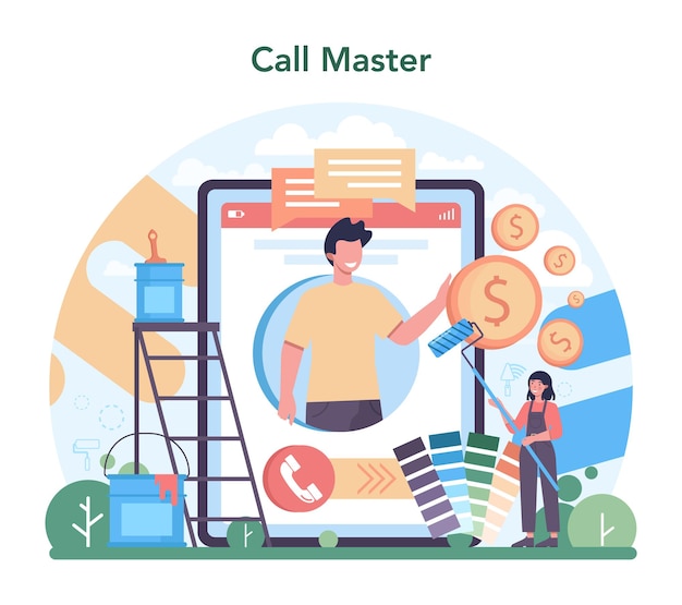 Home master online service or platform. Repairman applying finishing materials. Home remodeling, renovation. Online call to master. Isolated flat vector illustration