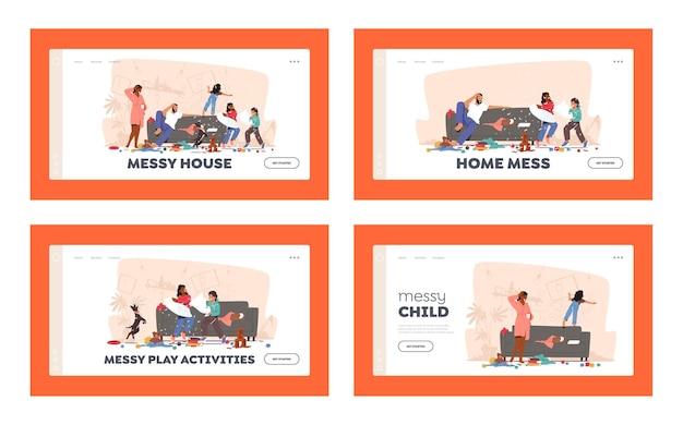 Home Mess Landing Page Template Set. Father and Mother Shocked with Naughty Hyperactive Children Characters Fighting, Little Boy and Girls Playing and Making Chaos. Cartoon People Vector Illustration