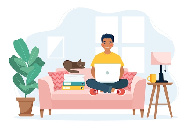 Home office concept, man working from home sitting on a sofa, remote work concept