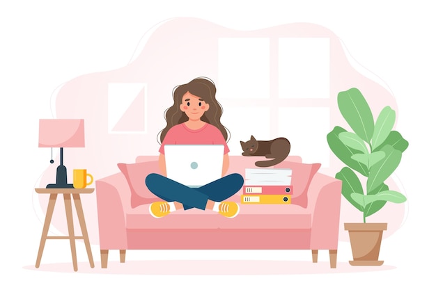 Home office concept woman on a sofa working student or freelancer